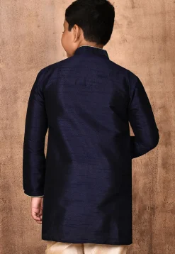 Embroidered Dupion Silk Kurta in Navy Blue