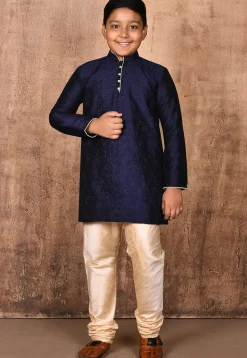 Embroidered Dupion Silk Kurta in Navy Blue