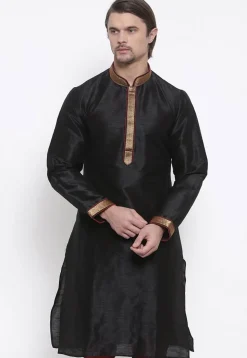Embroidered Dupion Silk Kurta in Black