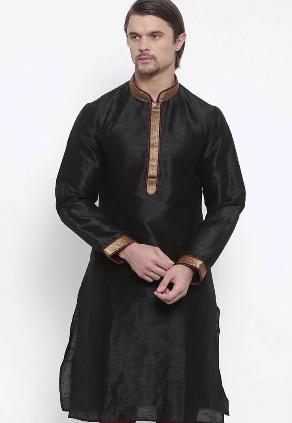 Embroidered Dupion Silk Kurta in Black