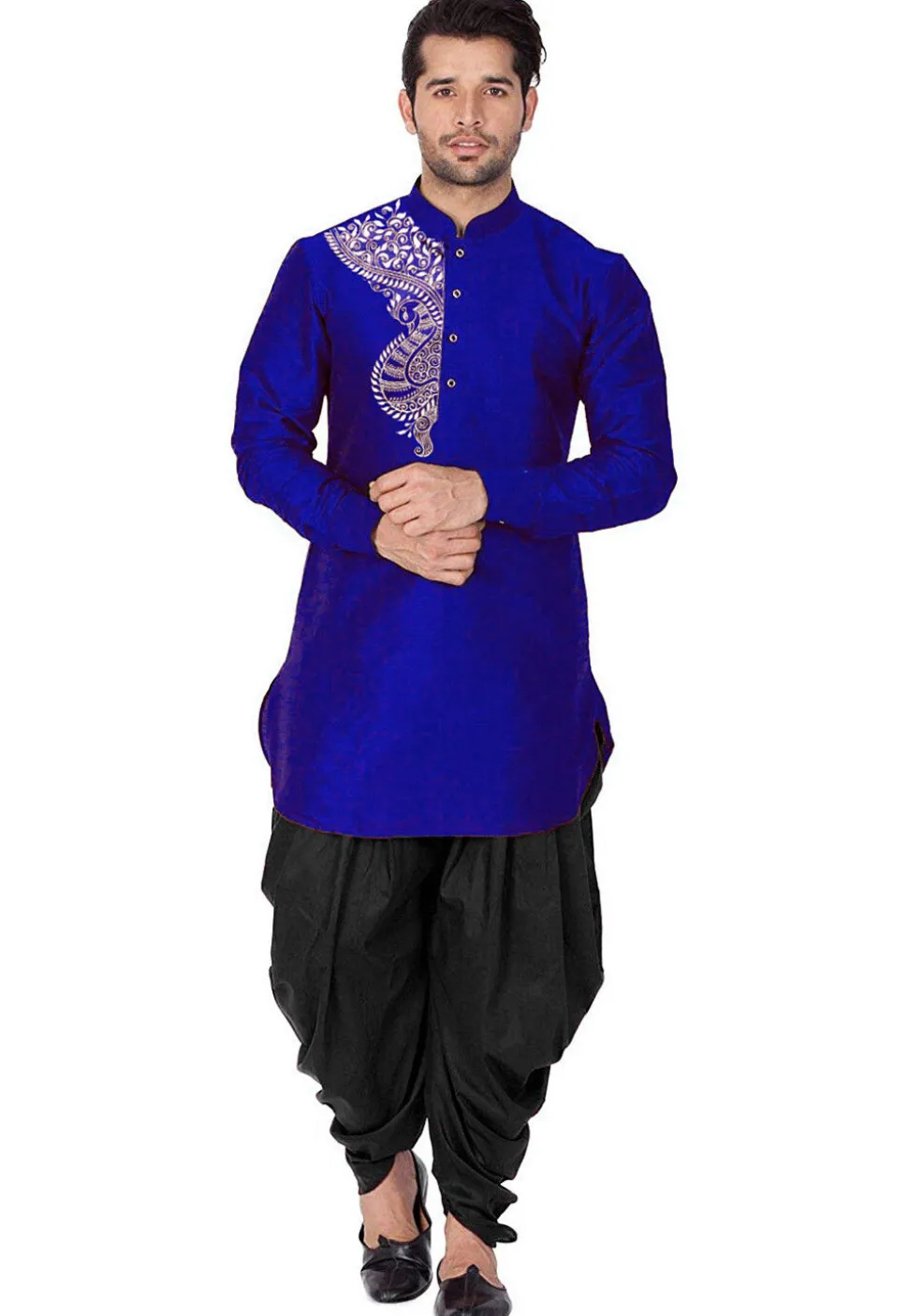 Embroidered Dupion Silk Kurta Set in Royal Blue