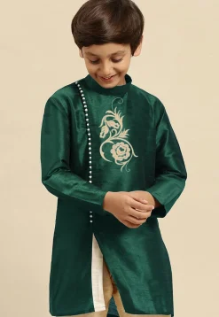 Embroidered Dupion Silk Kurta in Dark Teal Green