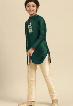 Embroidered Dupion Silk Kurta in Dark Teal Green