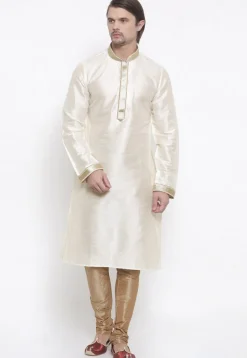 Embroidered Dupion Silk Kurta Set in White