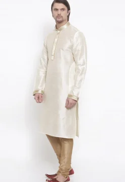 Embroidered Dupion Silk Kurta Set in White