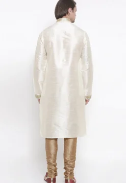 Embroidered Dupion Silk Kurta Set in White