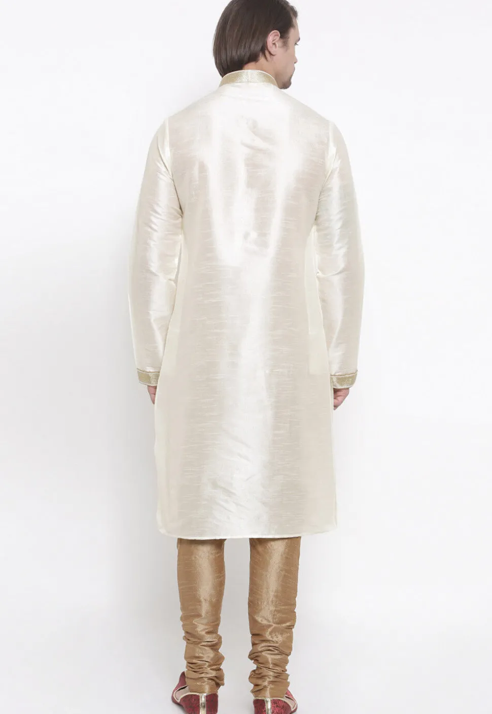 Embroidered Dupion Silk Kurta Set in White