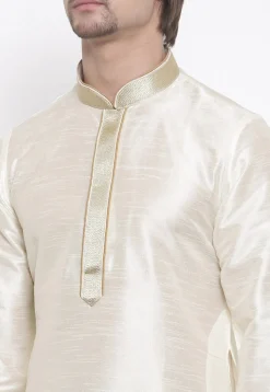 Embroidered Dupion Silk Kurta Set in White