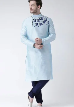 Embroidered Dupion Silk Kurta in Light Blue