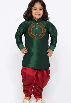 Embroidered Dupion Silk Kurta Set in Dark Green