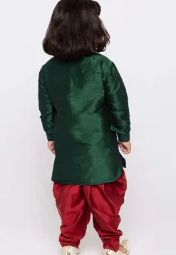 Embroidered Dupion Silk Kurta Set in Dark Green