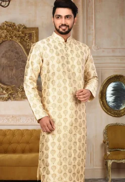 Embroidered Dupion Silk Kurta in Light Beige