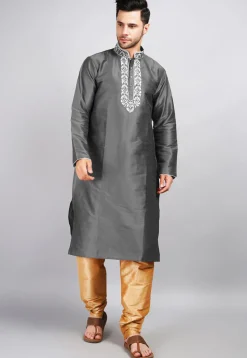 Embroidered Dupion Silk Kurta Set in Dark Grey