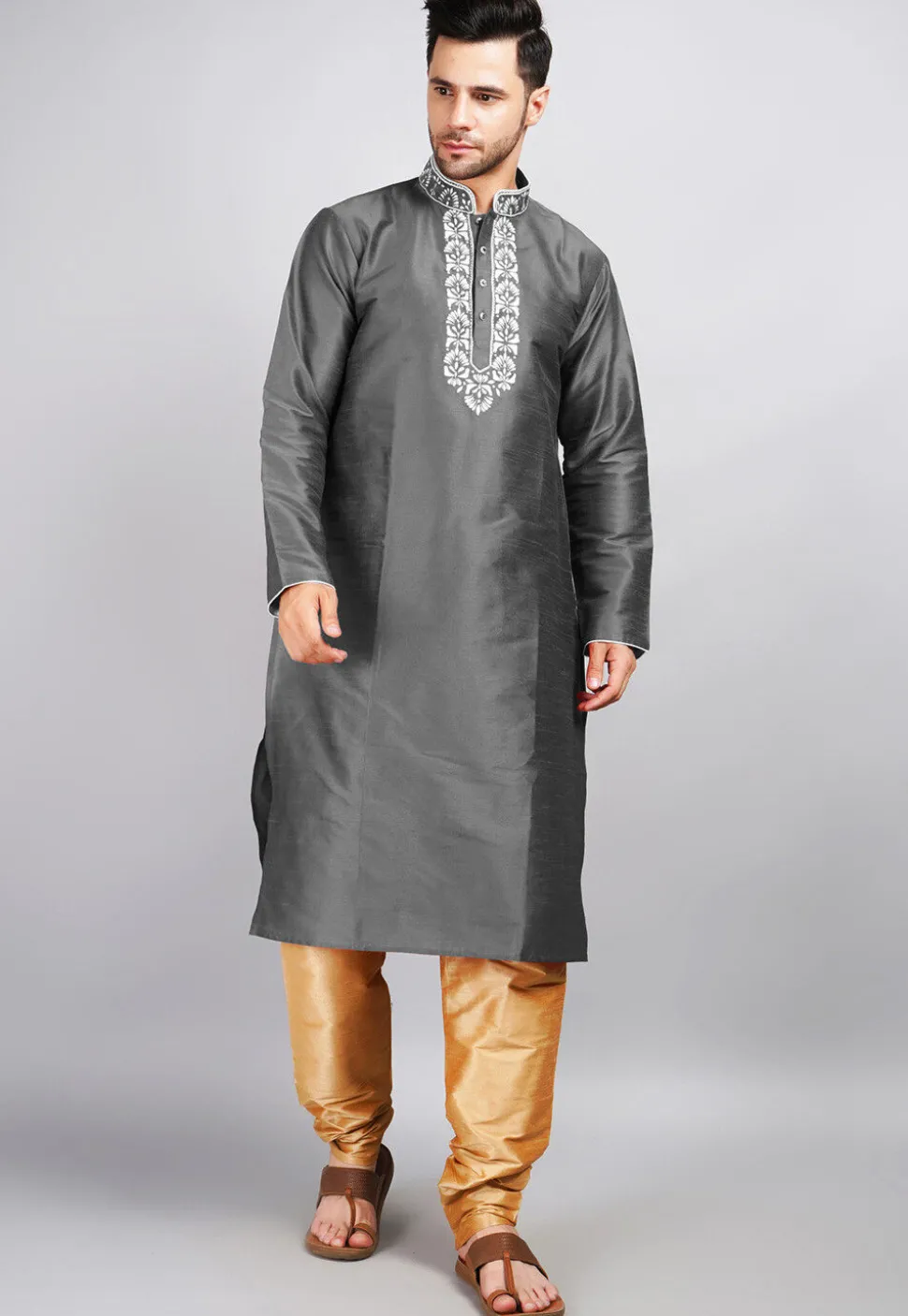 Embroidered Dupion Silk Kurta Set in Dark Grey