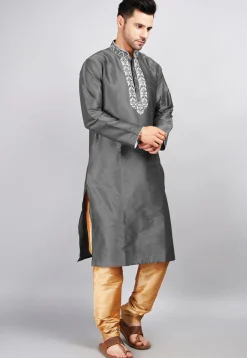 Embroidered Dupion Silk Kurta Set in Dark Grey