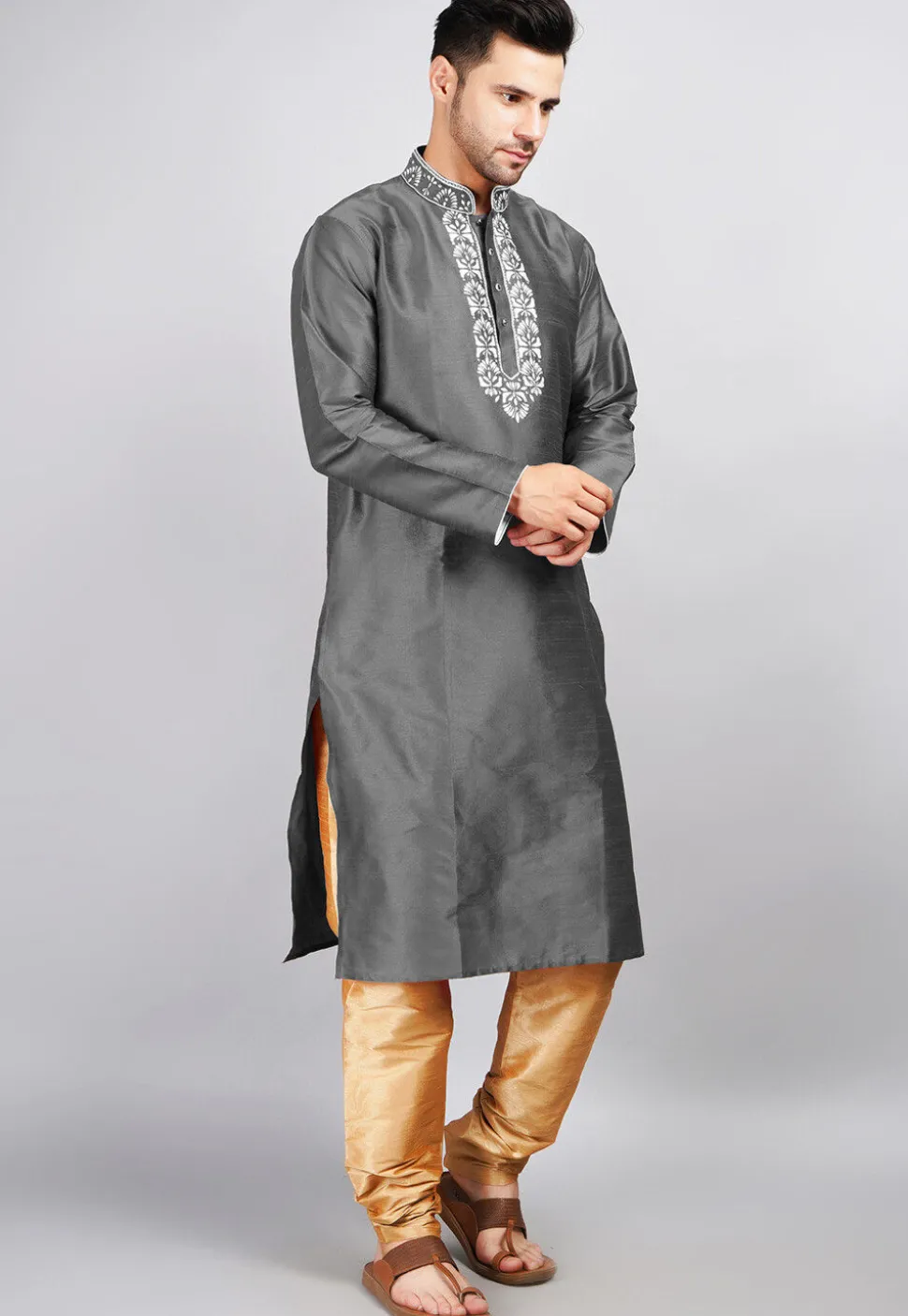 Embroidered Dupion Silk Kurta Set in Dark Grey