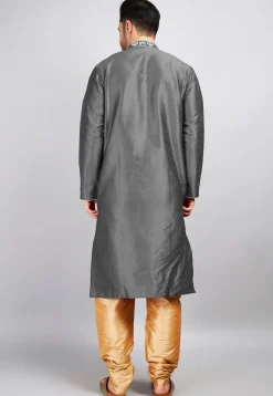 Embroidered Dupion Silk Kurta Set in Dark Grey
