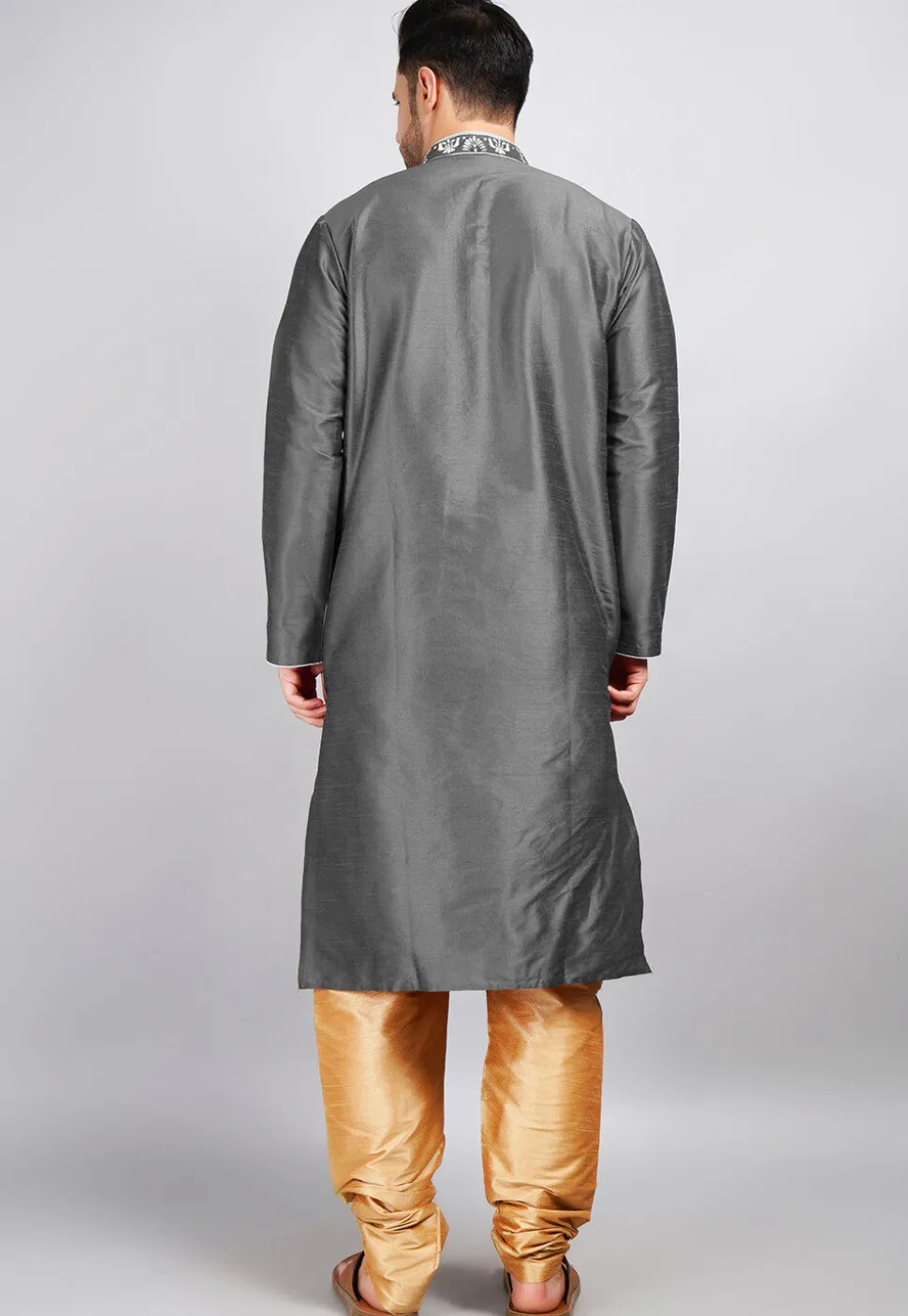 Embroidered Dupion Silk Kurta Set in Dark Grey