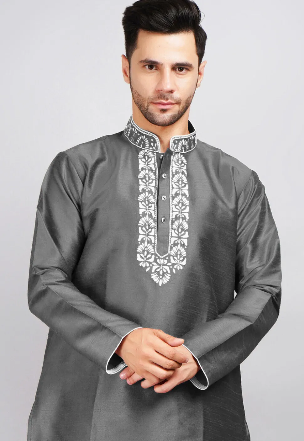 Embroidered Dupion Silk Kurta Set in Dark Grey