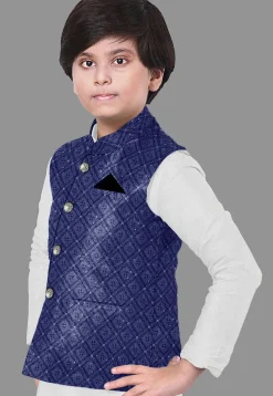 Embroidered Dupion Silk Kurta Set in Off White and Royal Blue