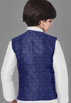 Embroidered Dupion Silk Kurta Set in Off White and Royal Blue