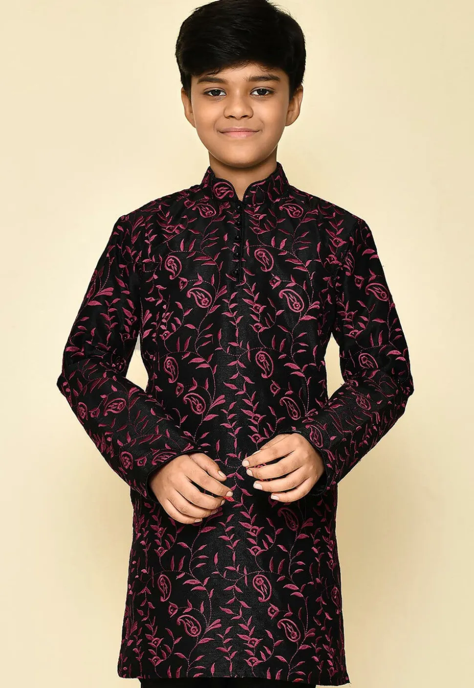 Embroidered Dupion Silk Kurta in Black
