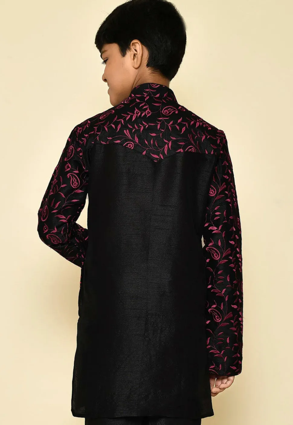 Embroidered Dupion Silk Kurta in Black