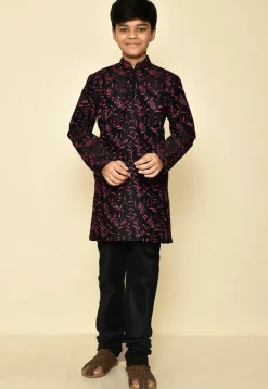 Embroidered Dupion Silk Kurta in Black