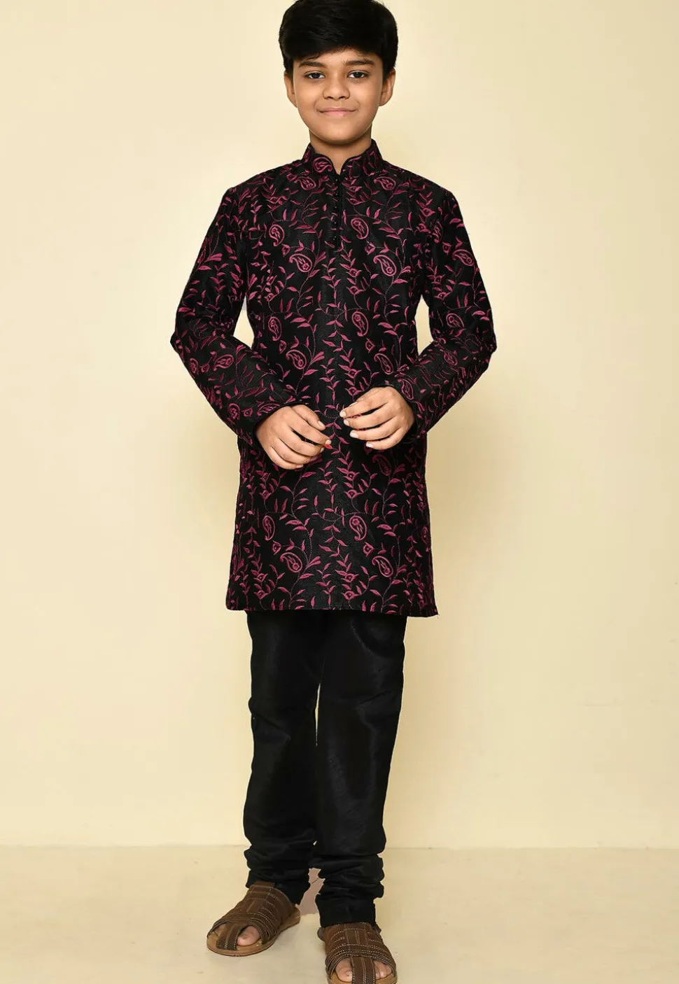 Embroidered Dupion Silk Kurta in Black