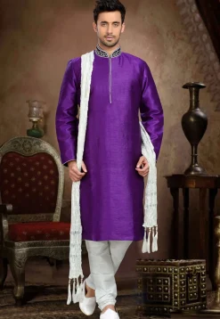 Embroidered Dupion Silk Kurta Set in Violet