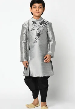 Embroidered Dupion Silk Kurta Set in Grey