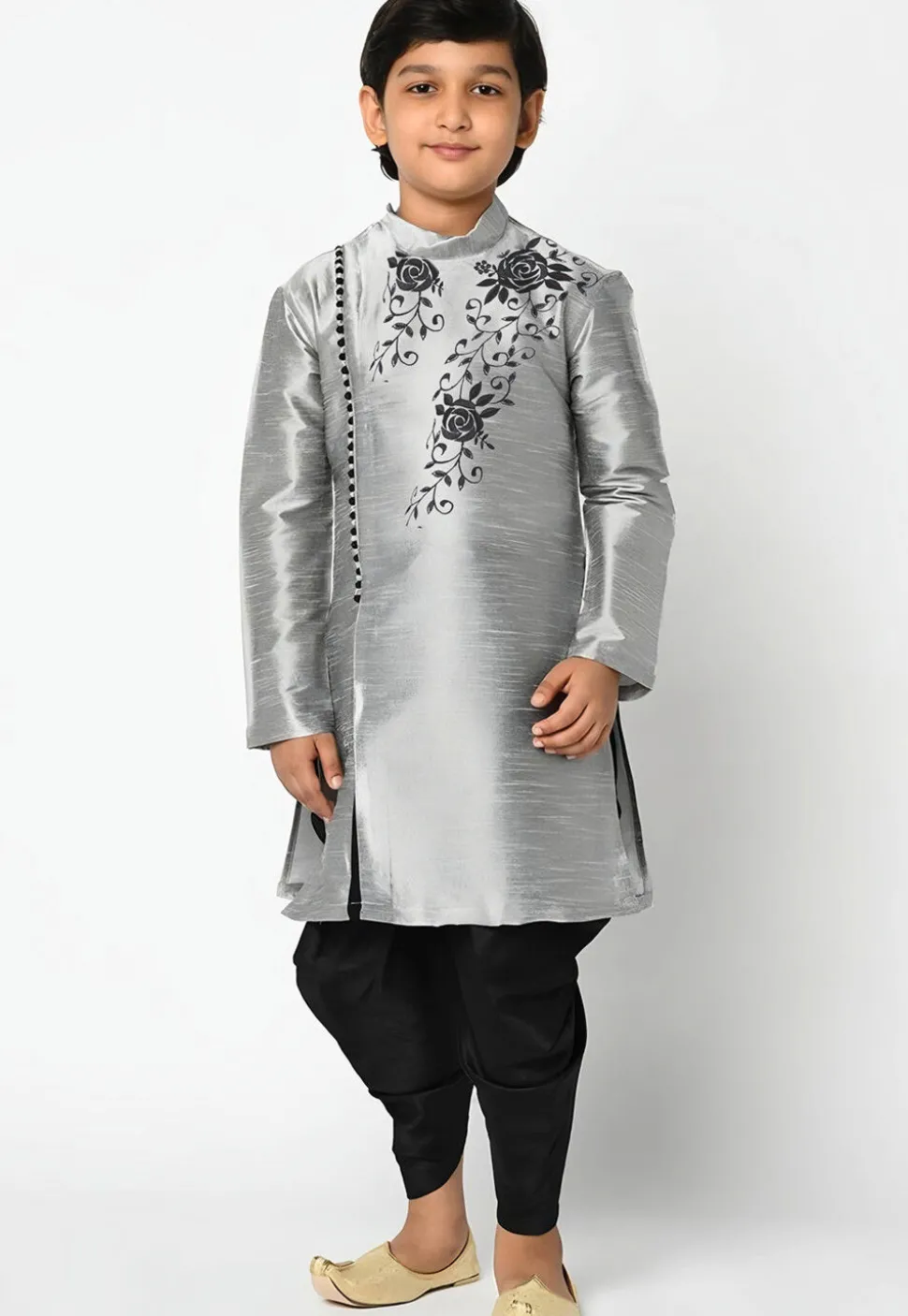 Embroidered Dupion Silk Kurta Set in Grey