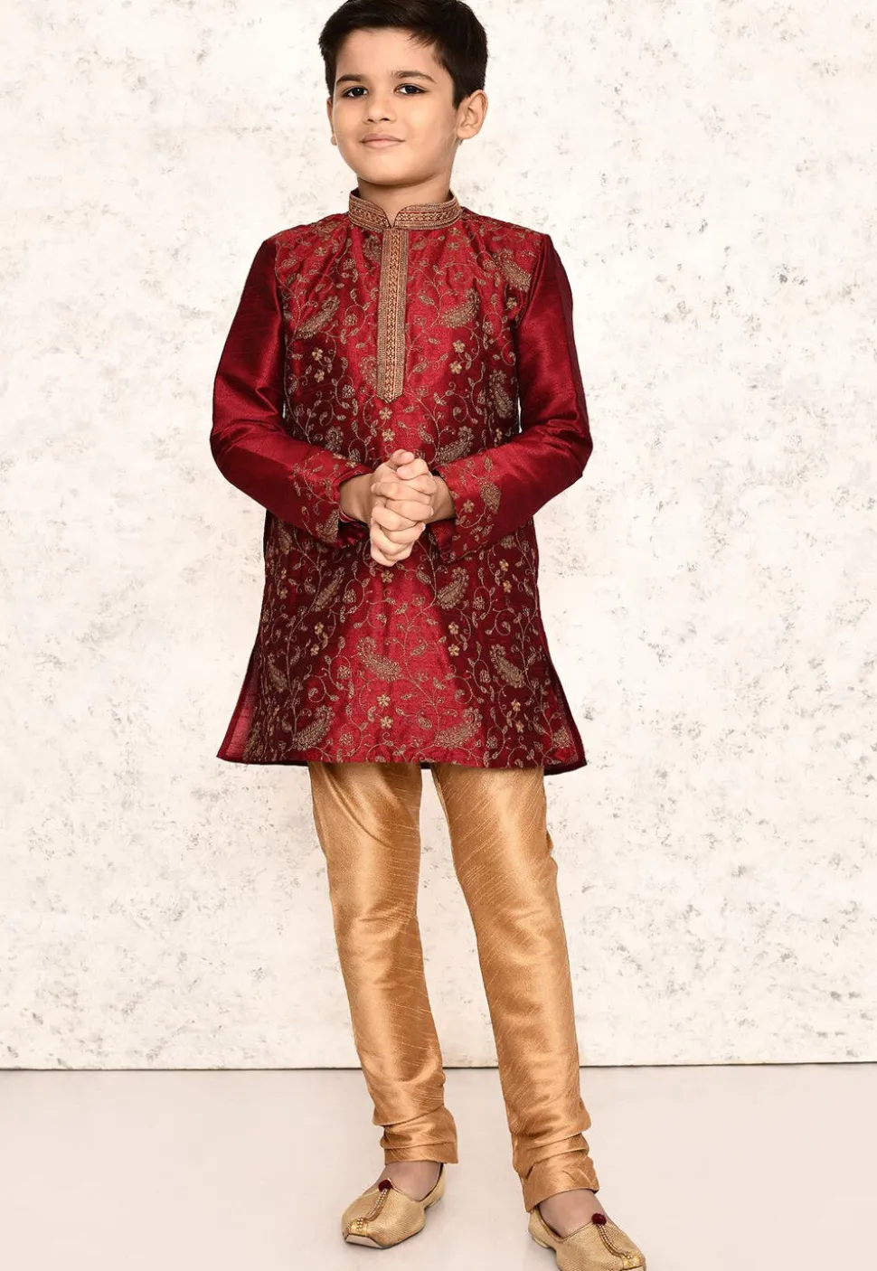 Embroidered Dupion Silk Kurta in Maroon