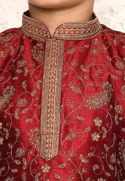 Embroidered Dupion Silk Kurta in Maroon