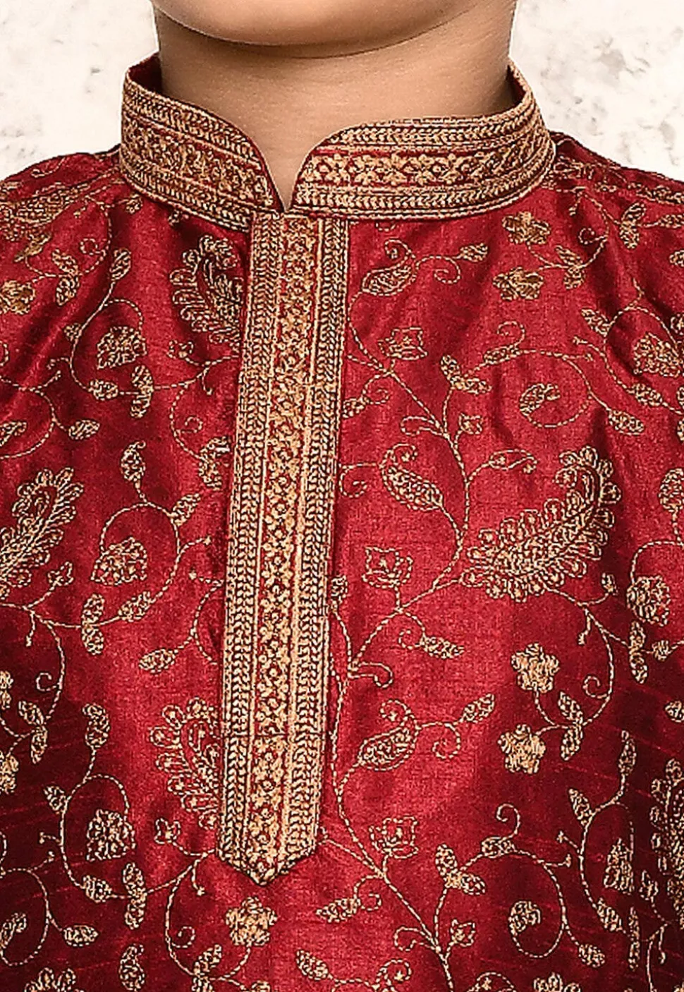 Embroidered Dupion Silk Kurta in Maroon