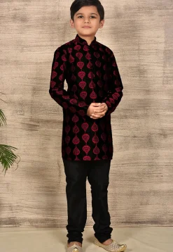 Embroidered Dupion Silk Kurta Set in Black