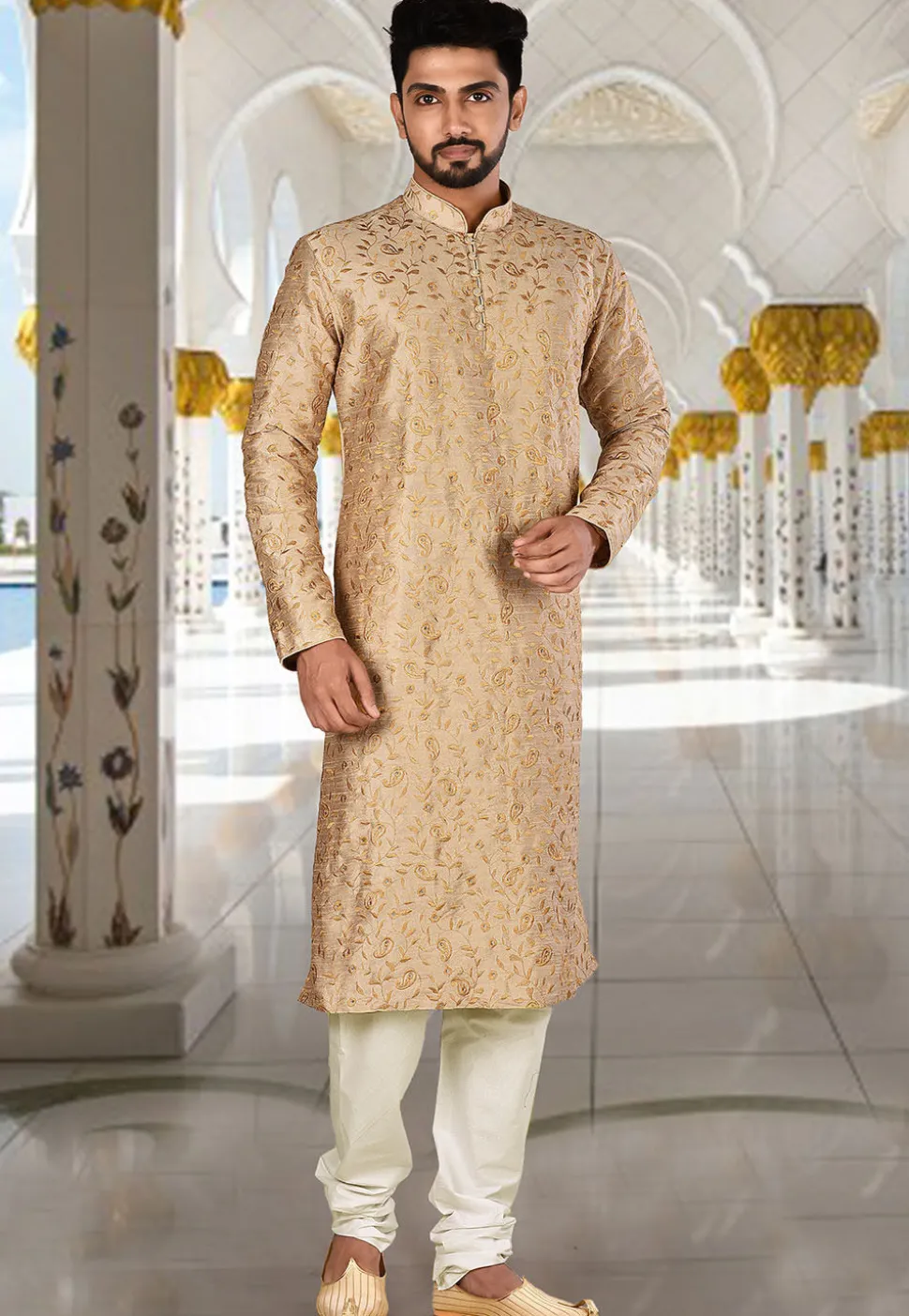 Embroidered Dupion Silk Kurta Set in Beige and White