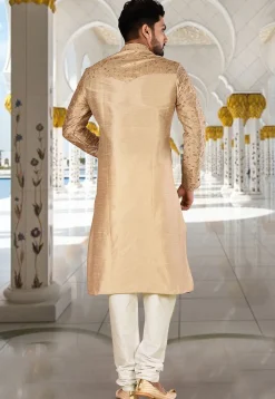Embroidered Dupion Silk Kurta Set in Beige and White