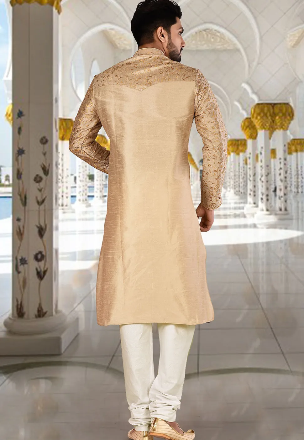 Embroidered Dupion Silk Kurta Set in Beige and White