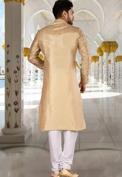 Embroidered Dupion Silk Kurta Set in Beige and White