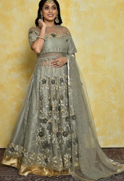 Embroidered Dupion Silk Lehenga in Grey