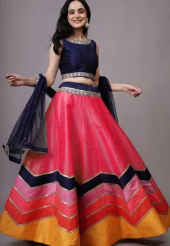 Embroidered Dupion Silk Lehenga in Fuchsia