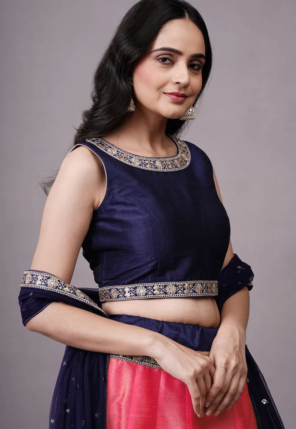 Embroidered Dupion Silk Lehenga in Fuchsia