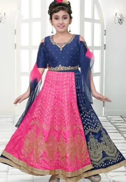 Embroidered Dupion Silk Lehenga in Navy Blue and Pink