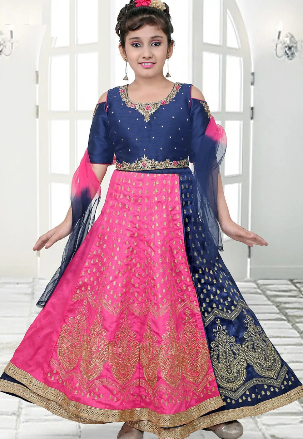 Embroidered Dupion Silk Lehenga in Navy Blue and Pink