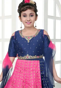 Embroidered Dupion Silk Lehenga in Navy Blue and Pink