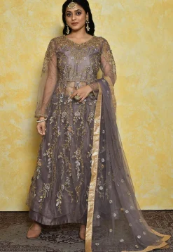 Embroidered Dupion Silk Lehenga in Lilac