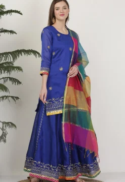 Embroidered Dupion Silk Lehenga in Royal Blue