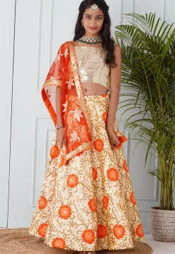 Embroidered Dupion Silk Lehenga in Beige