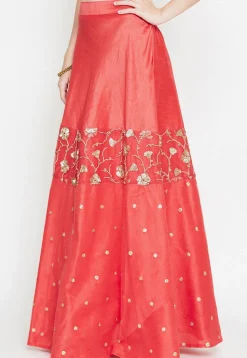 Embroidered Dupion Silk Long Skirt in Coral Red